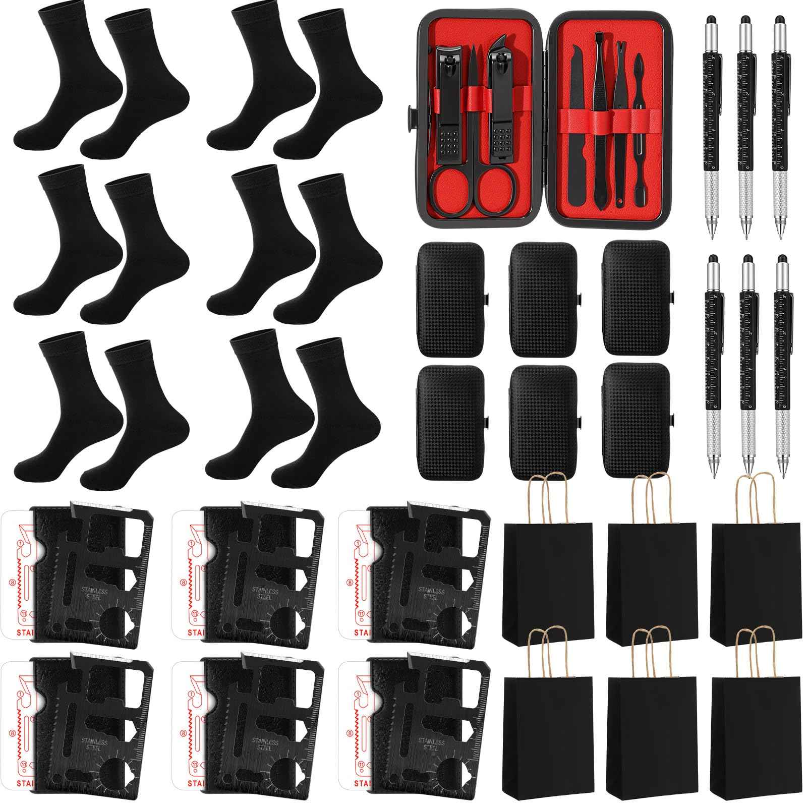 Leriton 6 Sets Christmas Gifts Baby Shower Game Prizes for Men Include Black Kraft Paper Gift Bags Manicure Kit Tools Socks Pens 11-in-1 Survival Card Tool for Men Husband Father(Black)