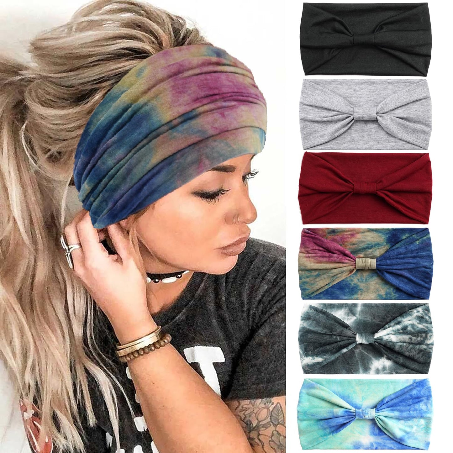 Headbands for Women, 6 PCS Wide Boho Headbands Elastic Bandana Non Slip Sweat Fashion Large Headwraps Hair Bands Headwear fit All Head Sizes for Workout, Sports, Running, Yoga