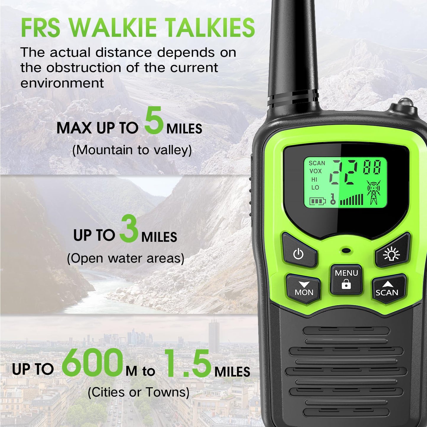 Walkie Talkies with 22 FRS Channels, MOICO Walkie Talkies for Adults with LED Flashlight VOX Scan LCD Display, Long Range Family Walkie Talkie Radios for Hiking Camping Trip (Green, 4 Pack)
