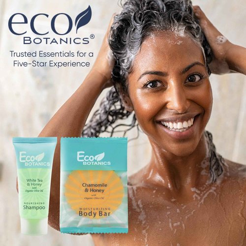 Eco Botanics Hotel Soaps & Toiletries Bulk Set | 1-Shoppe Amenities Kit for Hotels & Vacation Rentals | 0.85 oz Conditioning Shampoo & 0.89 oz Bar Soap | 100 Pieces