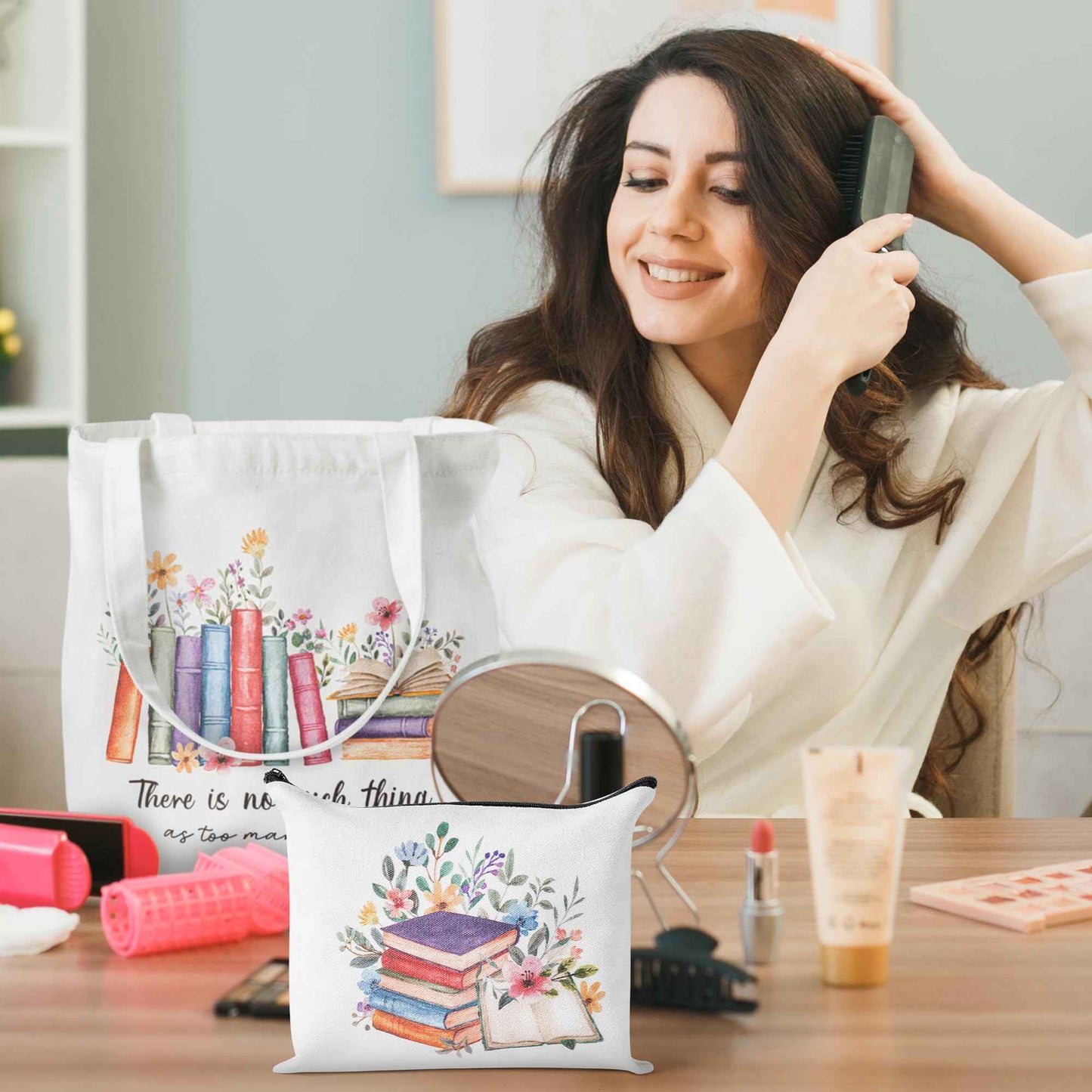 Y1tvei Aesthetic Canvas Tote Bag - 2Pcs Colorful Reading Canvas Cosmetic Bag Set There Is No Such Thing As Too Many Books Tote Bag Makeup Reusable Grocery Bags Black to School Gift for Women Girls