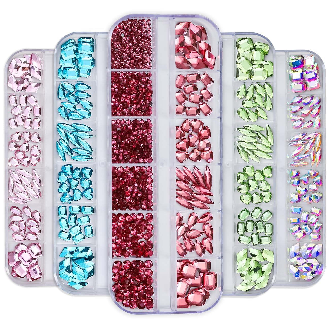 Nail Art Rhinestones Set, 12 Types Nail Art Rhinestones Kit, Nail Flat Rhinestones, Round Beads Crystals Multi Shapes Glass Crystal Rhinestones for DIY Nail Art Craft (KT-35-Crystal AB)