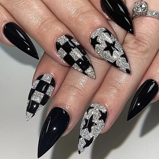 MISUD Press on Nails Medium Almond Fake Nails Glossy Glue on Nails Black Checkerboard Acrylic Nails Stiletto Artificial Nails Bling Silver Glitter Stick on False Nails with Design 24 pcs