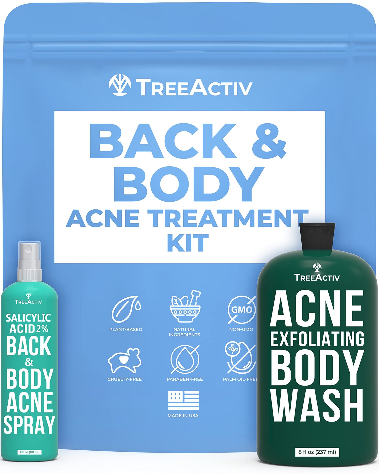 TreeActiv 90-Day Body Acne Treatment Kit, Salicylic Acid Acne Body Spray, Exfoliating Body Acne Wash, Body Acne Treatment for Back, Chest and Butt Acne Removal, Back Acne Treatment For Women and Men