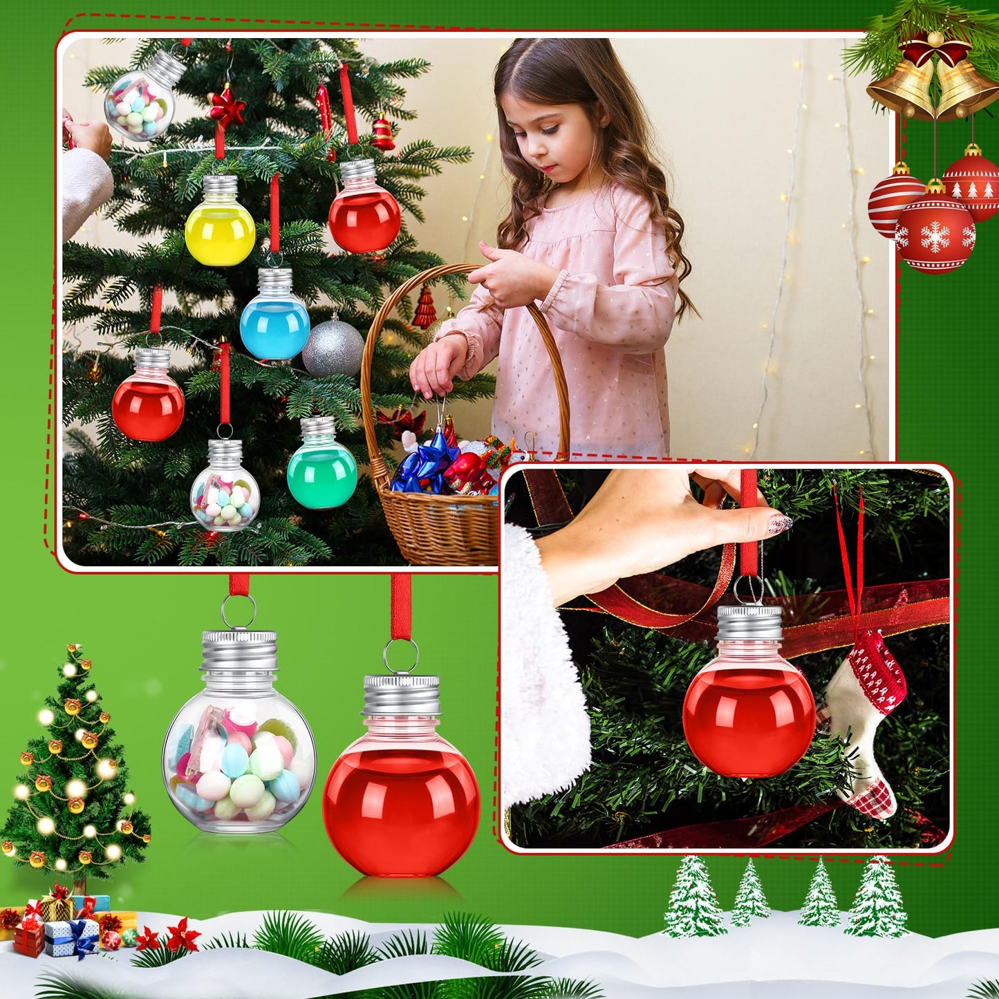 Leyndo 200 Pcs Christmas Booze Balls Plastic Fillable Ball Ornament Christmas Hanging Ornaments Water Bottle Bulbs for Home Christmas Holiday Decor