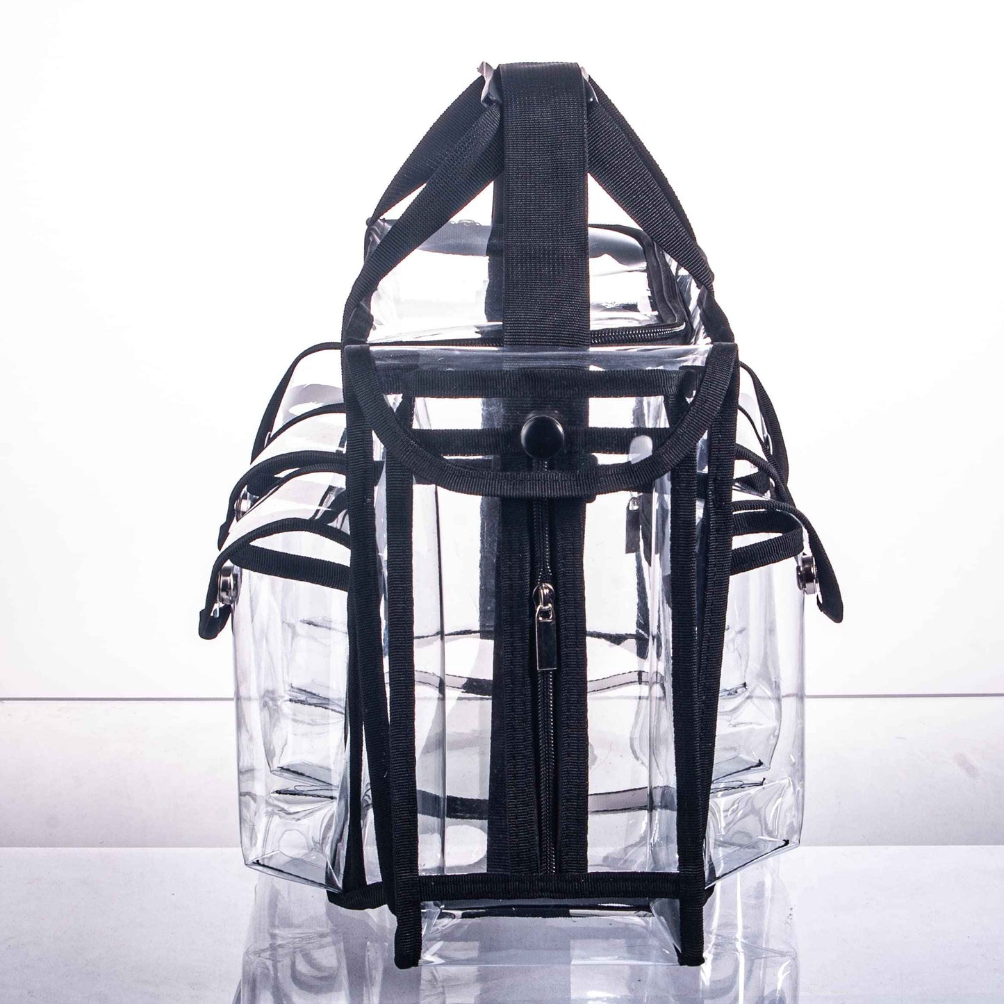 Wide Open Large Professional Clear PVC Travel Makeup Artist Set Bag Cosmetic Nails Beauty Bags Transparent Vinyl Tool Organizer Beach Bags Diaper Bag with 6 External Pockets & Strap (Black)