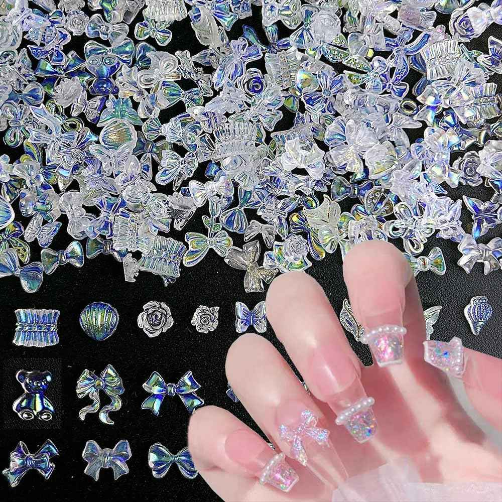 100pcs Mix Shapes Aurora Nail Art Charms - Camellia Bow, Resin Flower, Butterfly, Kawaii Bear, Moon, Heart Nail Charms