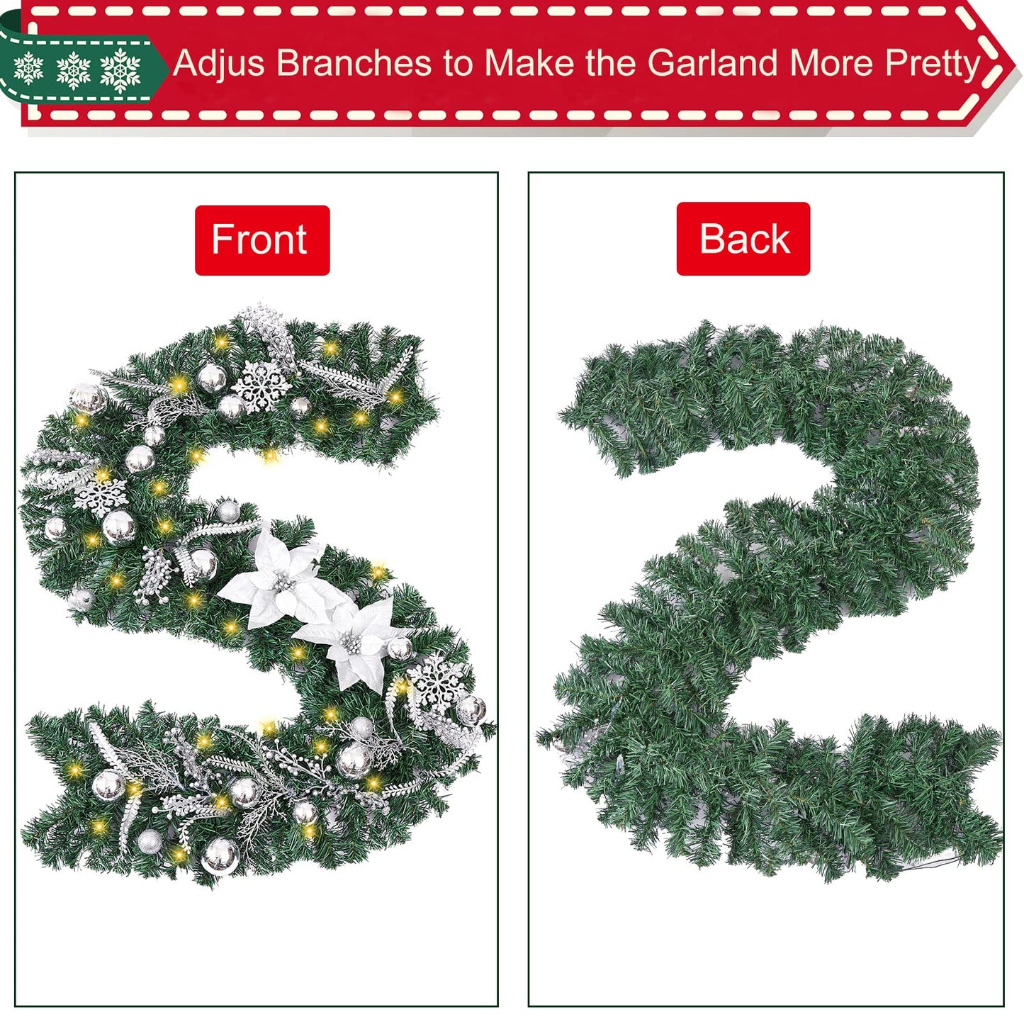 Prelit 6 Feet Christmas Garland Silver White with Battery Operated 30 LED Lights, Ball Ornaments, Snowflakes, Poinsettia Flowers & Berries, Garland Christmas Decoration for Indoor Outdoor Mantel