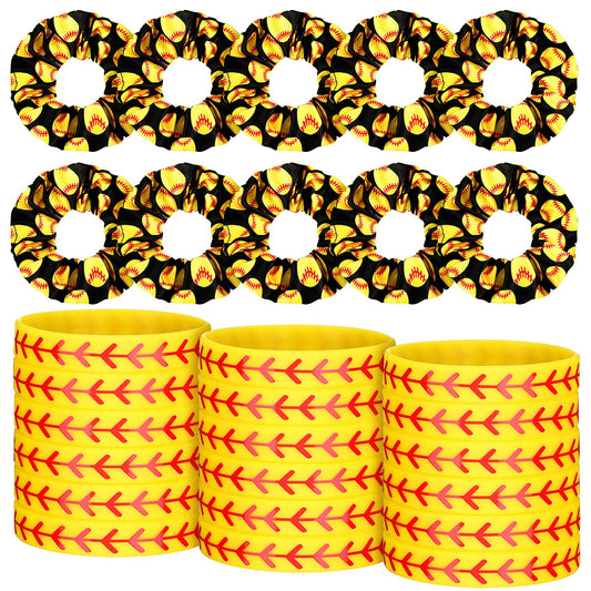 WILLBOND 20 Pcs Softball Volleyball Party Favors Set Include 10 Sport Hair Scrunchies Elastic Hairband Hair Tie Sport Themed 10 Silicone Adjustable Charm Bracelet(Softball Pattern)