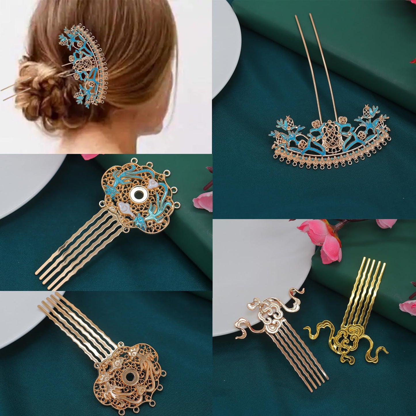 5 Pcs Metal Hairpin Flower Hair Stick Floral Hair Pins Rhinestone Hair Chopsticks for Women Girls -056