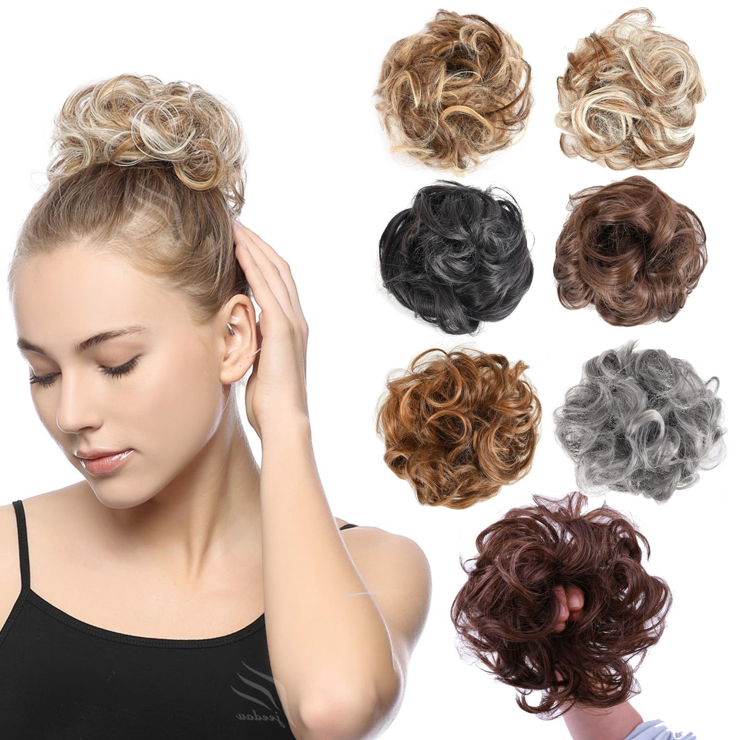 Messy Hair Bun Curly Wavy Chignon Ponytail Donut Hair Pad Elastic Hair Rope Rubber Band Synthetic Hairpiece Honey Blonde & Bleach Blonde Highlights 30H621