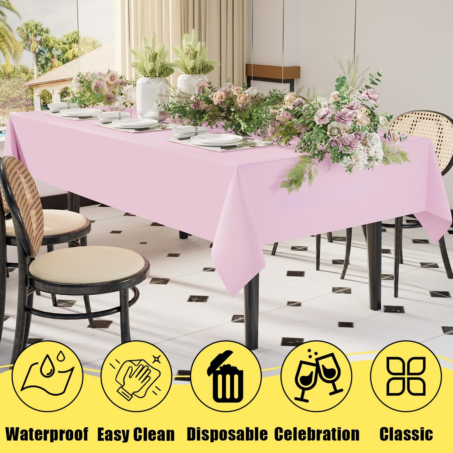 Smiry Disposable Table Cloth - 6 Pack, 54 x 108 Inch Table Cloths for Parties, Decorative Tablecloths for Rectangle Tables, Waterproof Plastic Table Cover, Leakproof & Sturdy, Pink