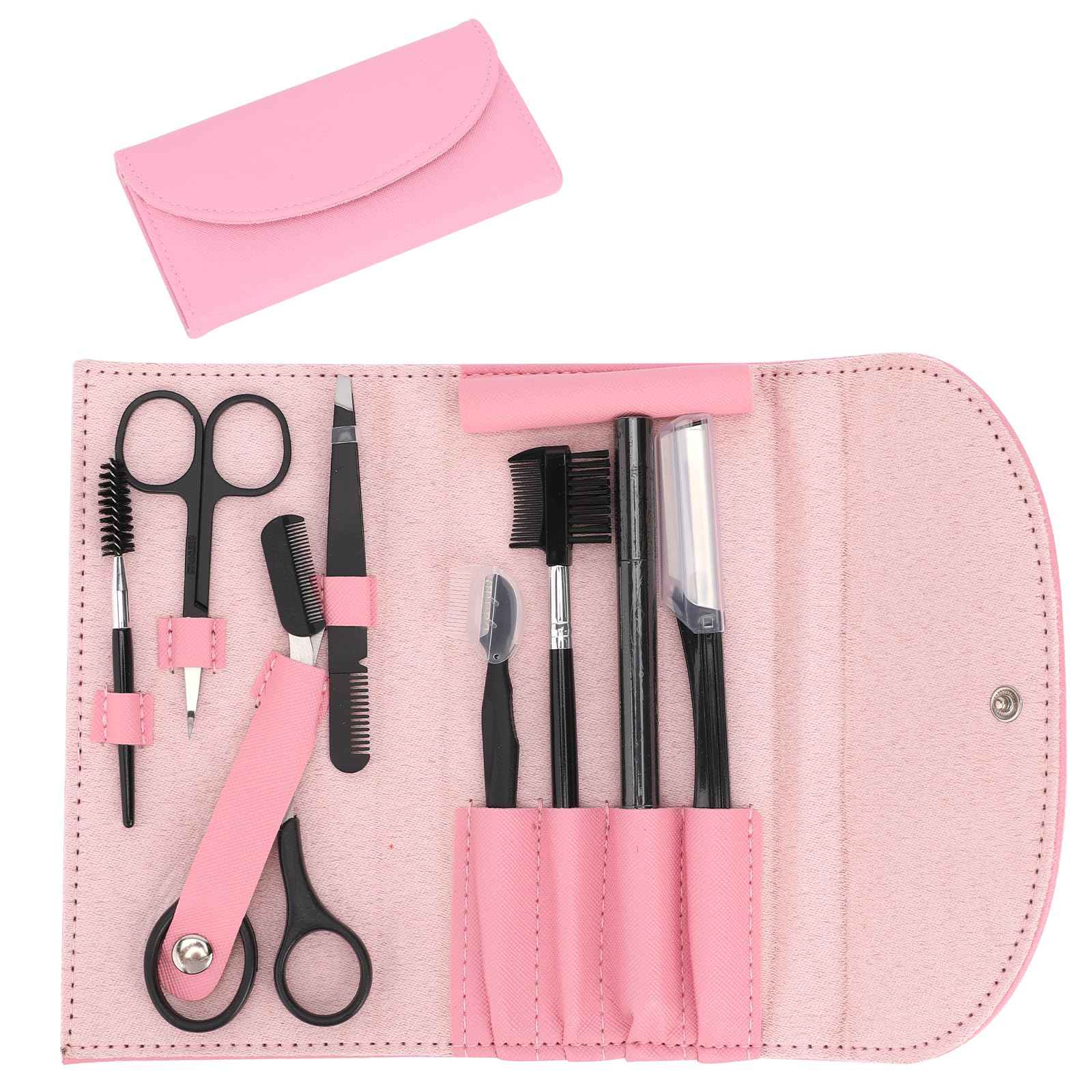 Professional Eyebrow Shaping Kit - 8-Piece Set With Leather Bag, Razor, Scissors, Brush for Women & Men