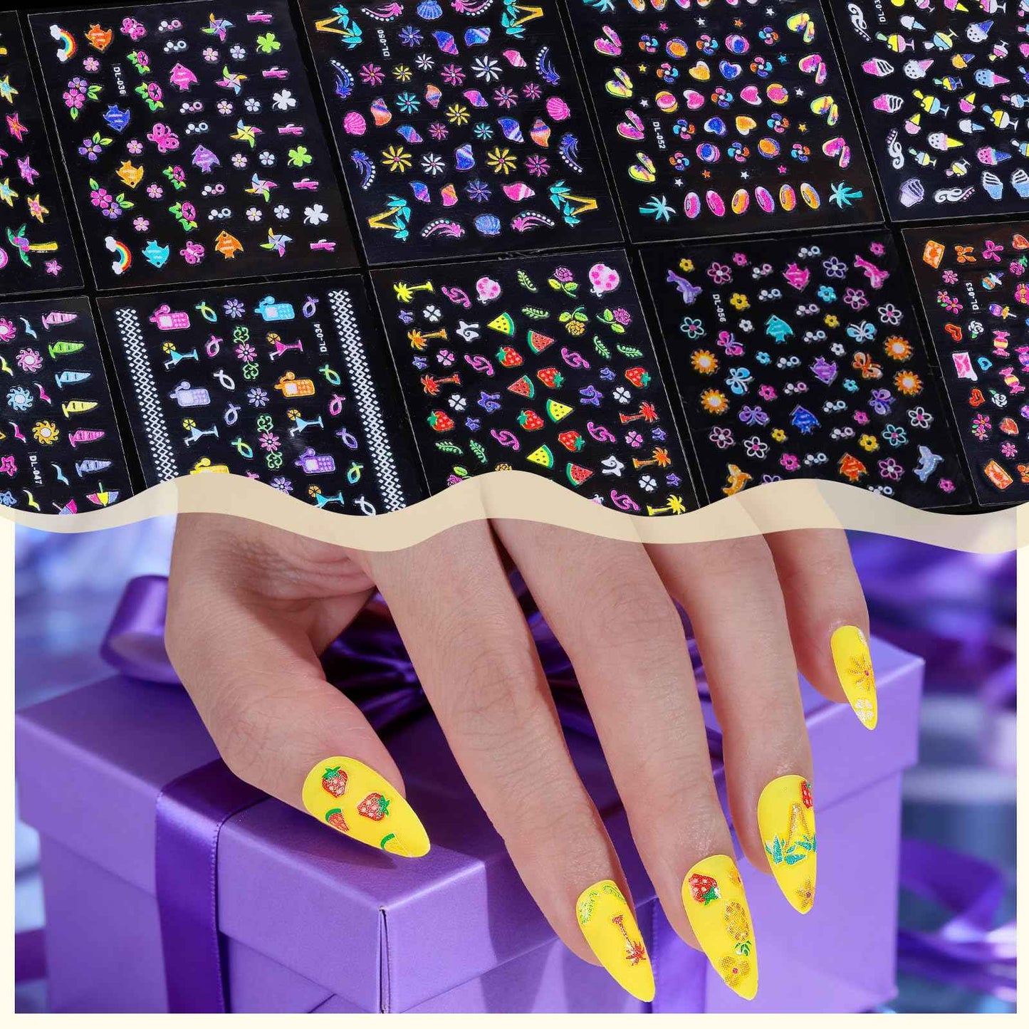 FANDAMEI Nail Stickers for Girls, 30 Sheets Cute Kids Nail Stickers for Nail Art, 3D Self-Adhesive Glitter Floral Fruit Heart Decals for Women, Little Girl Nail Decals for Design