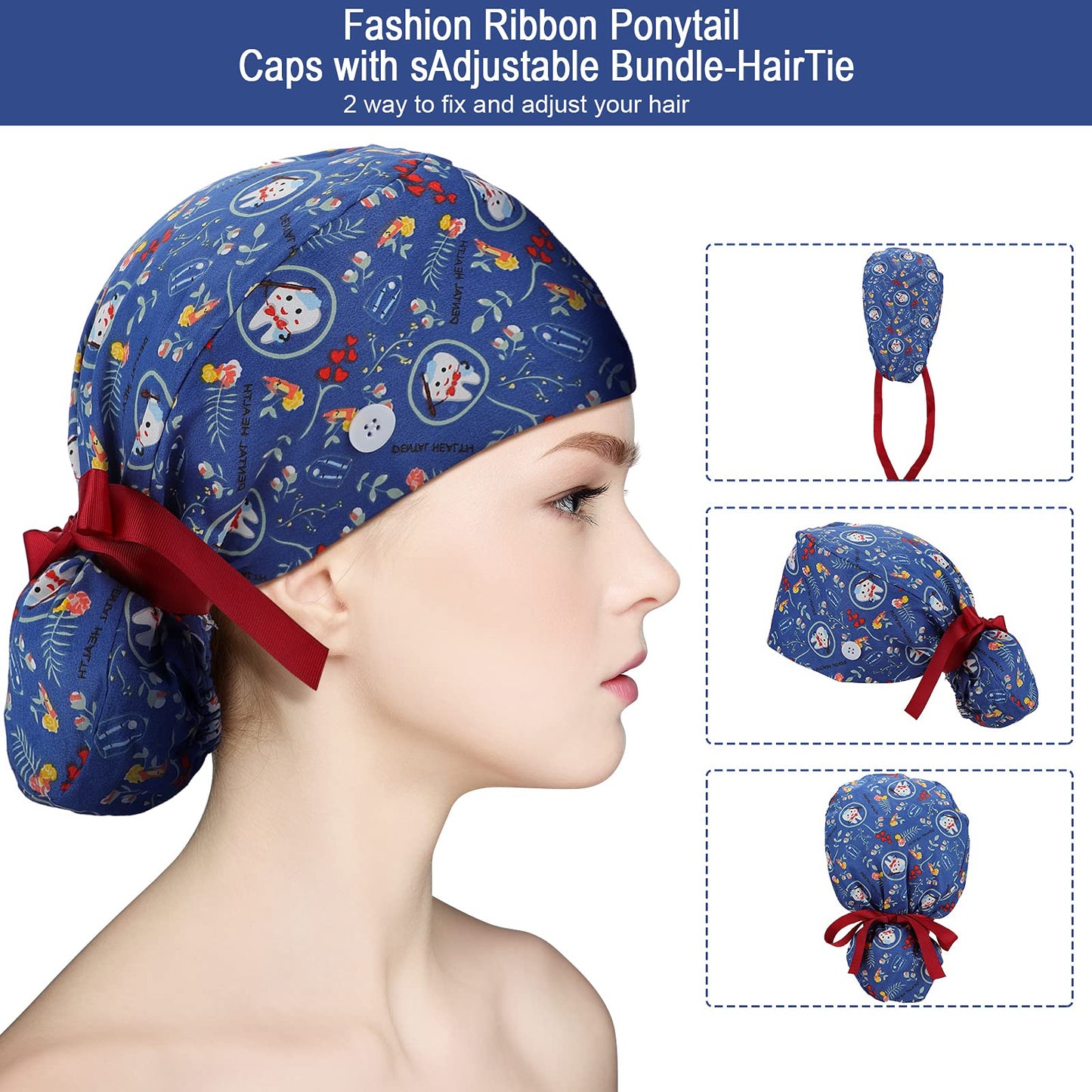 8 Pieces Scrub Caps with Buttons Bouffant Hats with Sweatband Adjustable Ponytail Holder for Women (Classic Pattern)