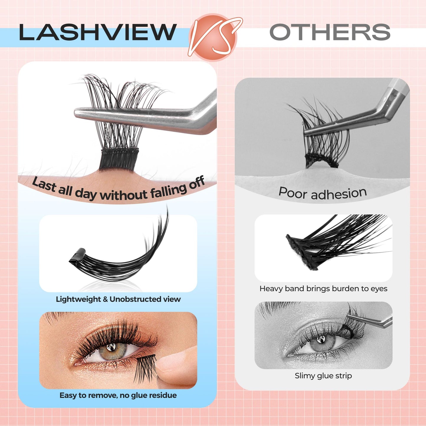 LASHVIEW Self Adhesive Eyelashes,Press On Lash Clusters Kit Pre Glued Eyelash Clusters with Applicator,No Glue No Remover Needed DIY Lash Extension Kit 10-16mm (N03 60Pcs)