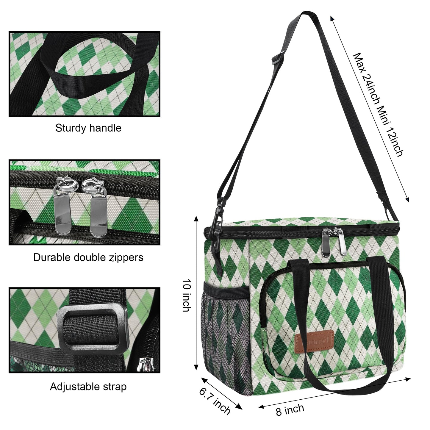 Femuar Lunch Bags for Women/Men, Insulated Lunch Bag for Work Office - Lunch Cooler Bag Leakproof Lunch Box with Adjustable Shoulder Strap - Green plaid