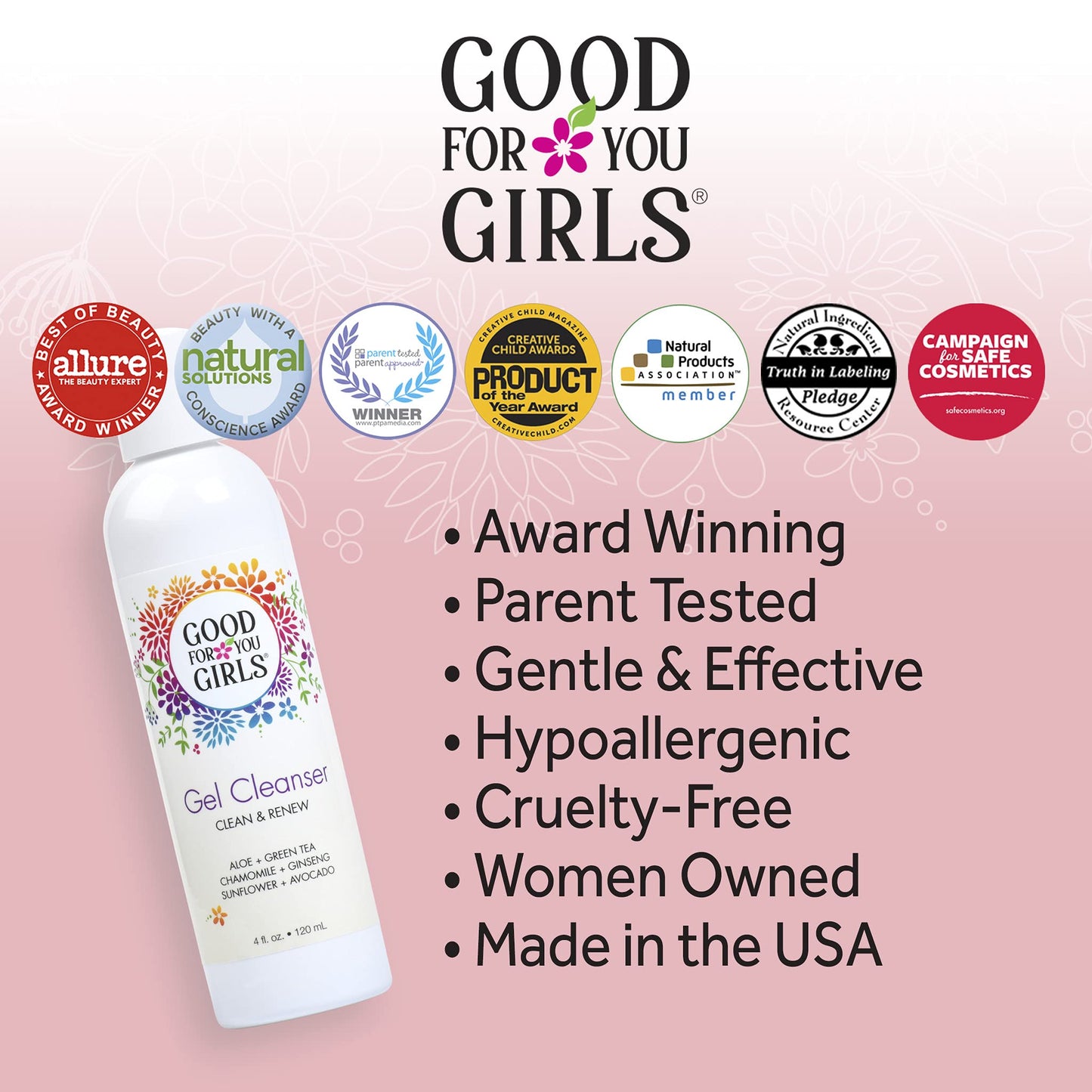 Good For You Girls Gel Facial Cleanser, Natural with Aloe, Chamomile, Green Tea, Ginseng, Vitamin E, pH Balanced, Vegan, Gluten-Free, Kids, Preteens and Teens | 4 fl oz