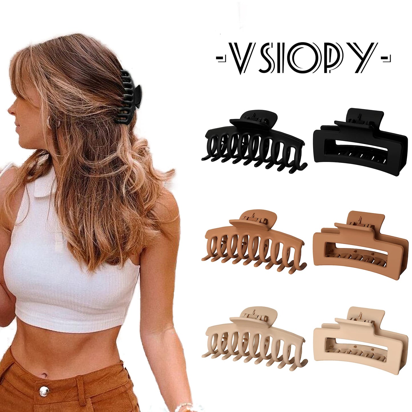 Vsiopy 3.5 Inch Hair Clips for Women - 6 Pack Non Slip Claw Clips for Thick, Long, Fine Hair, Matte Black Jaw Clips