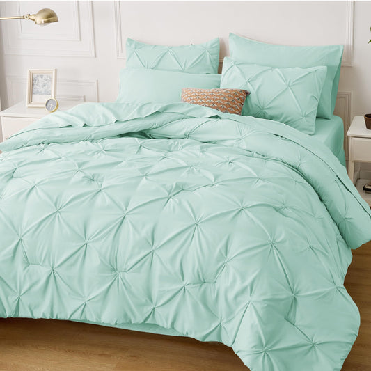 Bedsure Twin Comforter Set with Sheets - 5 Pieces Twin Bedding Sets, Pinch Pleat Mint Green Twin Bed in a Bag with Comforter, Sheets, Pillowcase & Sham