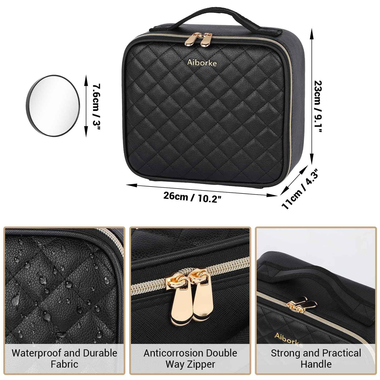 Aiborke Travel Makeup Bag with Led Mirror Make up Case with Lighted Mirror Cosmetic Organizer bag with Adjustable Dividers and 5X Magnifying Mirror Makeup Box Organizer Vanity Case for Women (Black)