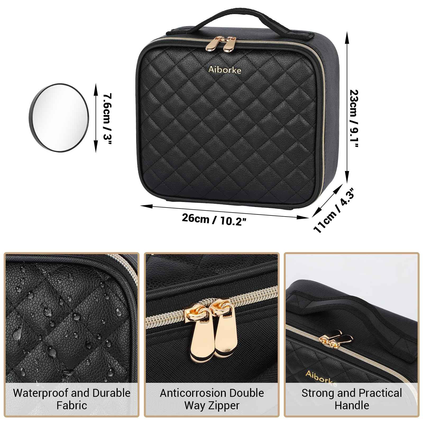 Aiborke Travel Makeup Bag with Led Mirror Make up Case with Lighted Mirror Cosmetic Organizer bag with Adjustable Dividers and 5X Magnifying Mirror Makeup Box Organizer Vanity Case for Women (Black)