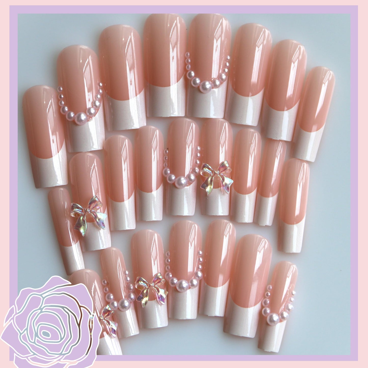 Press on Nails Kit French Tip Nails Press Ones Long Charms Gems Pearl Pink Fake Nails Artificial Coffin Gel Like Glossy 3D Bowknot False Nail Manicure for Women and Girls-24pcs