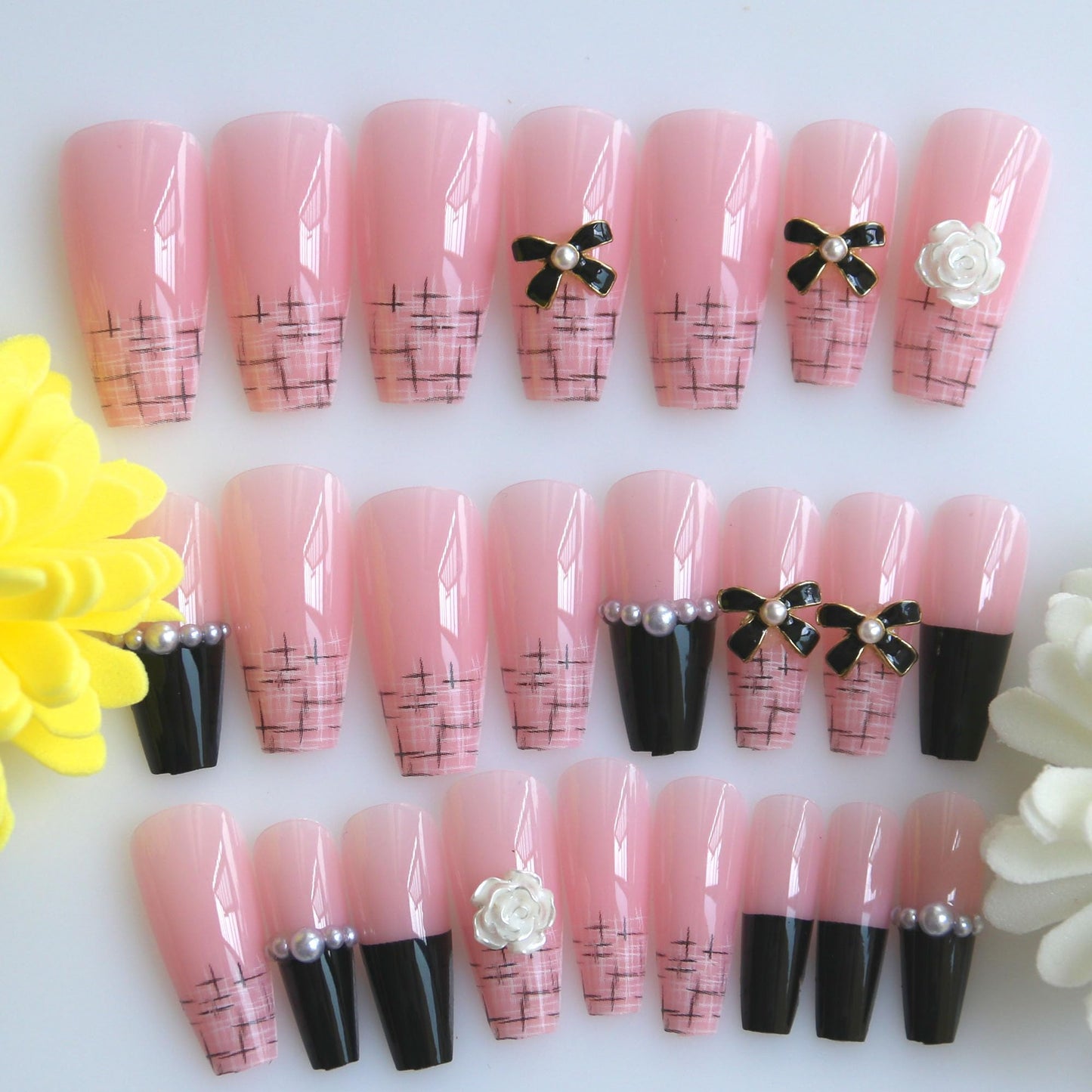 Black Bowknot Press on Nails Kit Floral French Tip Nails Pearl CC Press Ons Medium Pink Fake Nails Square