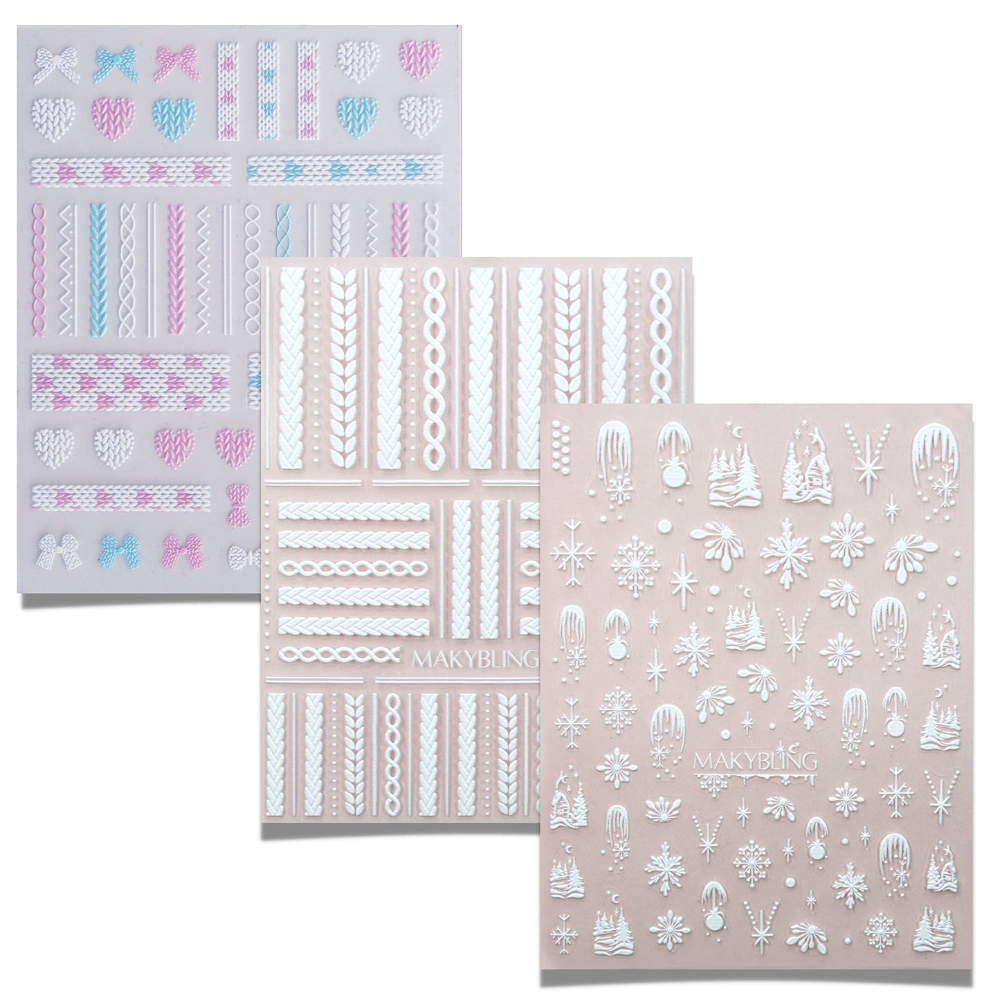 3pcs Winter Snow Flake Sweater Knit Beanie Nail Stickers 3D Embossed Peel Off White Fall Nail Decals