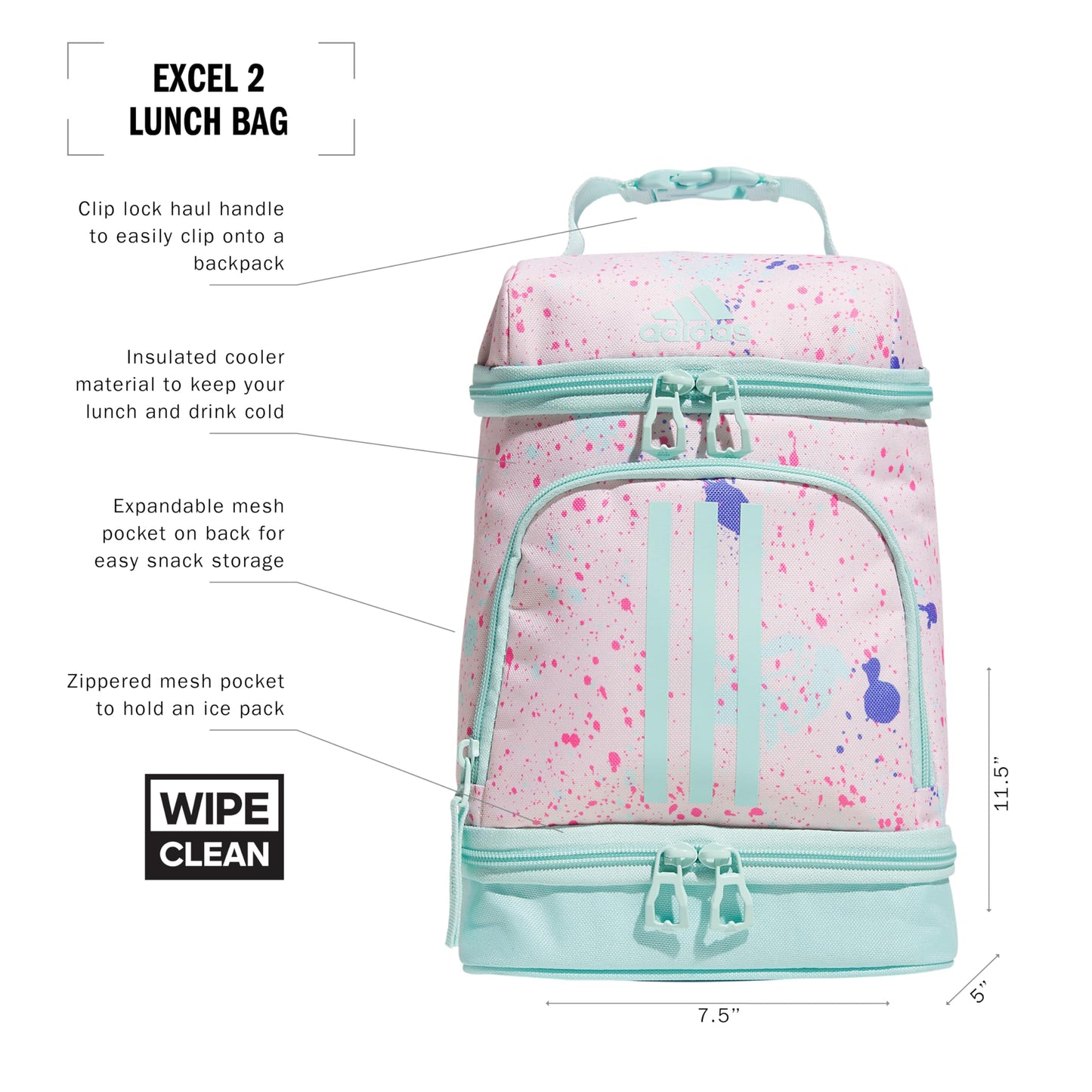 adidas Excel 2 Insulated Lunch Bag, Splatter Sandy Pink/Semi Flash Aqua Blue, One Size