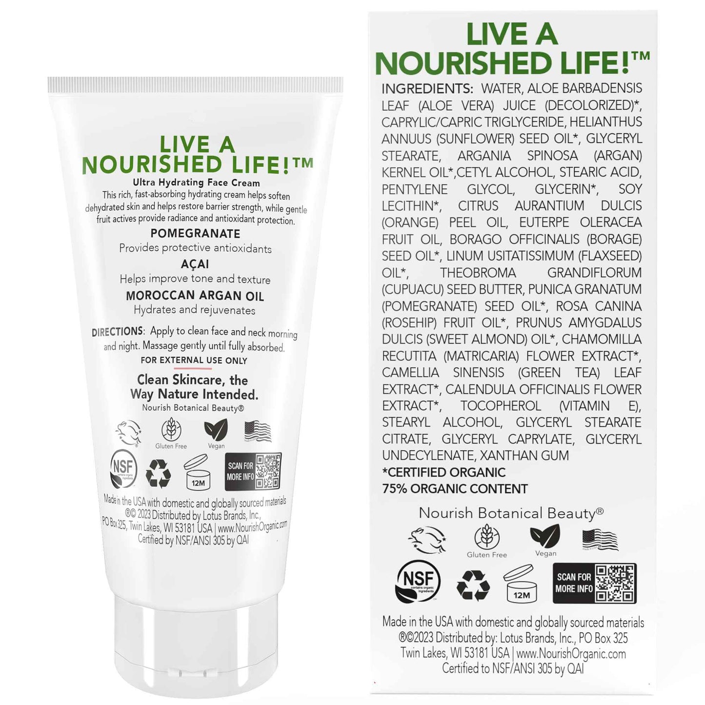 Nourish Organic Face Cream, Pomegranate Acai + Argan – Ultra Hydrating Formula with Aloe Vera & Green Tea Extract, 1.7 Oz + Washable Cotton Round