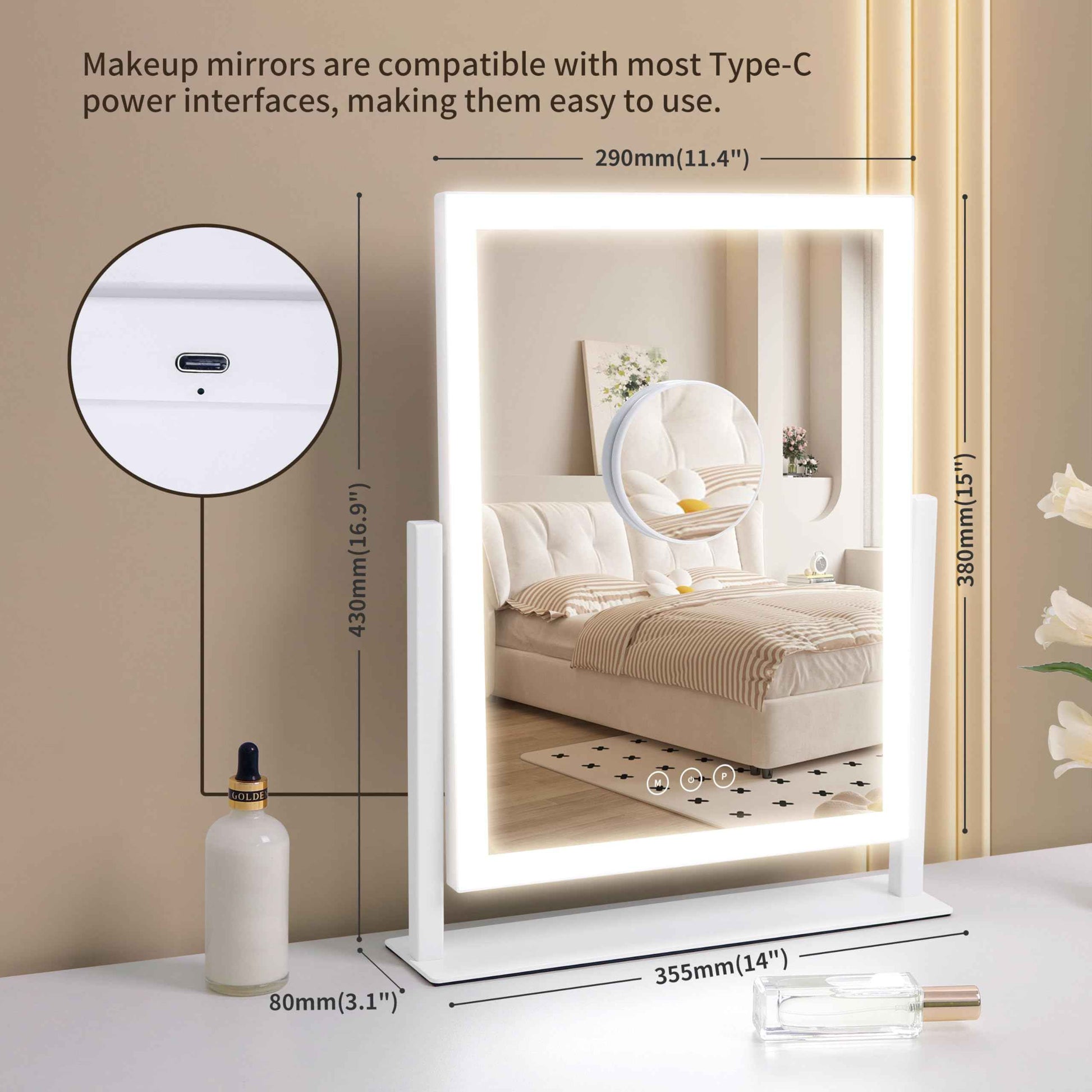 Yumelivi LED Vanity Mirror with Touch Controls, Tabletop Makeup Mirror with Bright Lighting, White