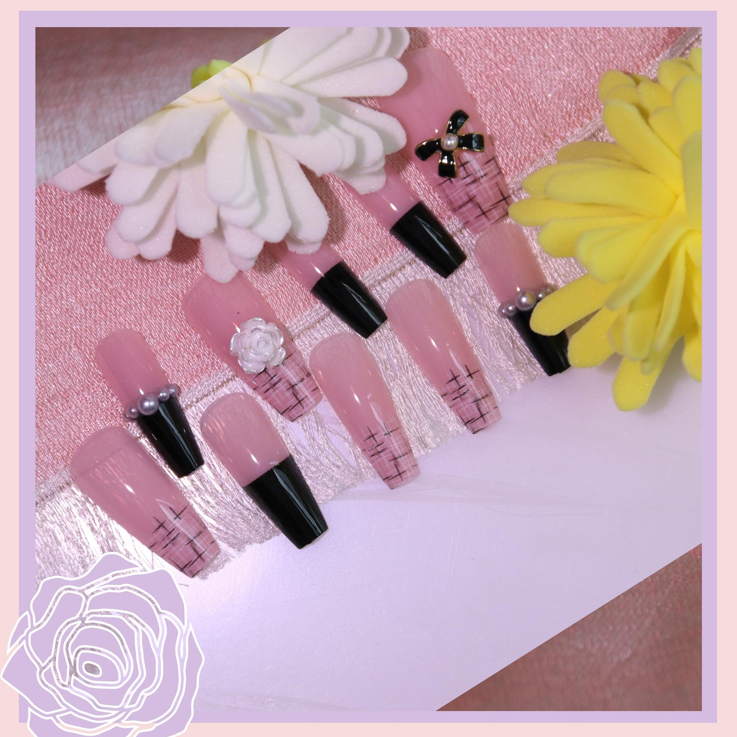 Black Bowknot Press on Nails Kit Floral French Tip Nails Pearl CC Press Ons Medium Pink Fake Nails Square