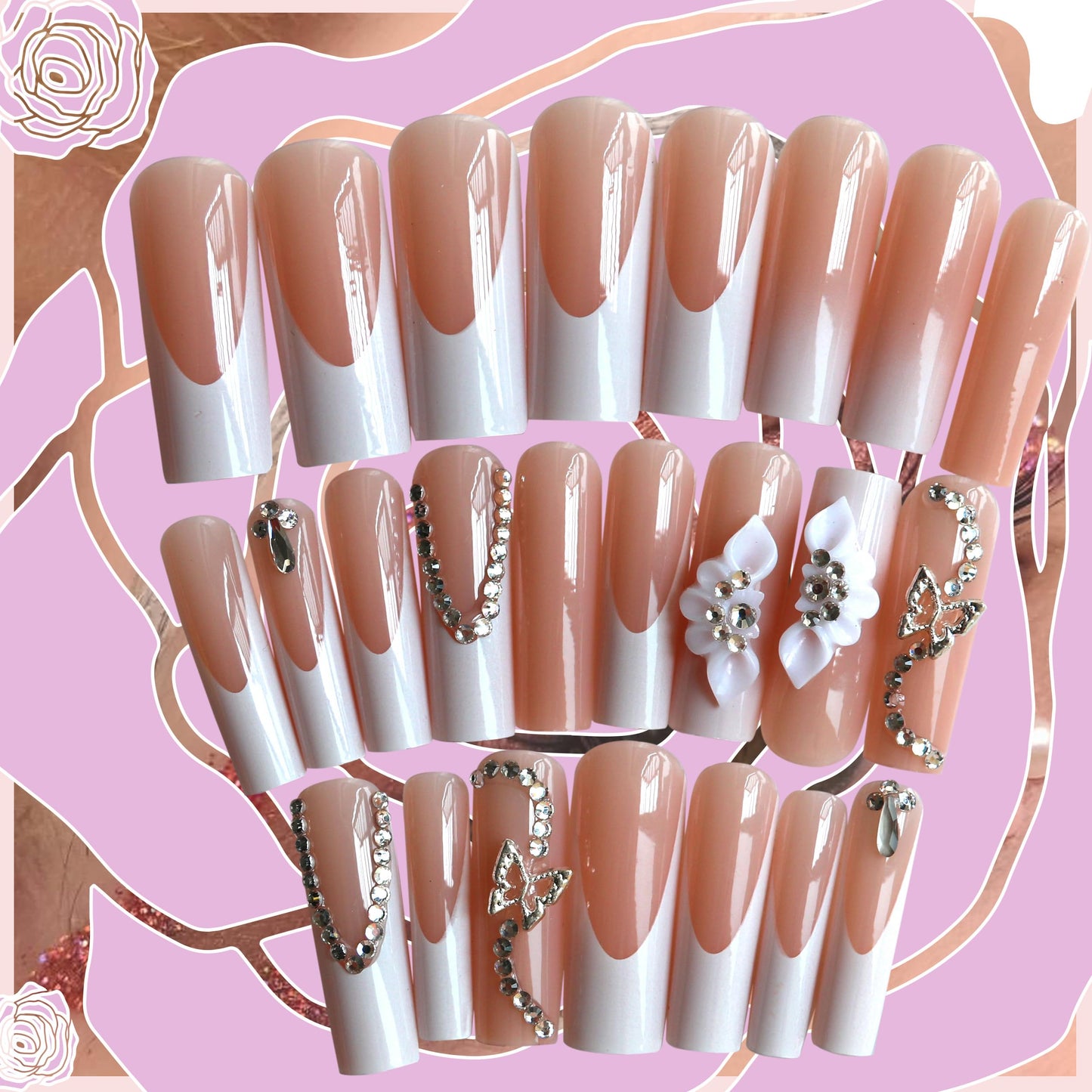 Floral Press on Nails Kit French Tip Nails Press Ons Long Silver butterfly Rhinestone Pink Fake Nails Artificial Coffin Gel Like Glossy 3D FlowerFal se Nail Manicure for Women and Girls for Wedding