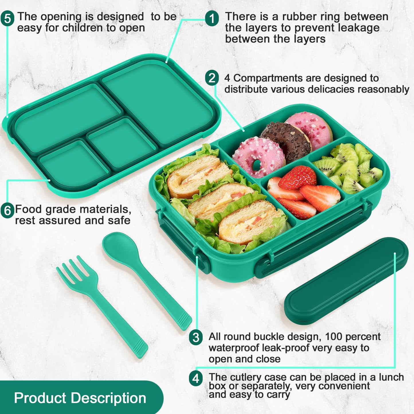 Amathley Lunch Box Kids,Bento Box Adult,Leakproof Lunch Containers for Adults/Kids/Toddler,1200ML-4 Compartments bento Lunch box with Utensil,Microwave & Dishwasher & Freezer Safe (Green)