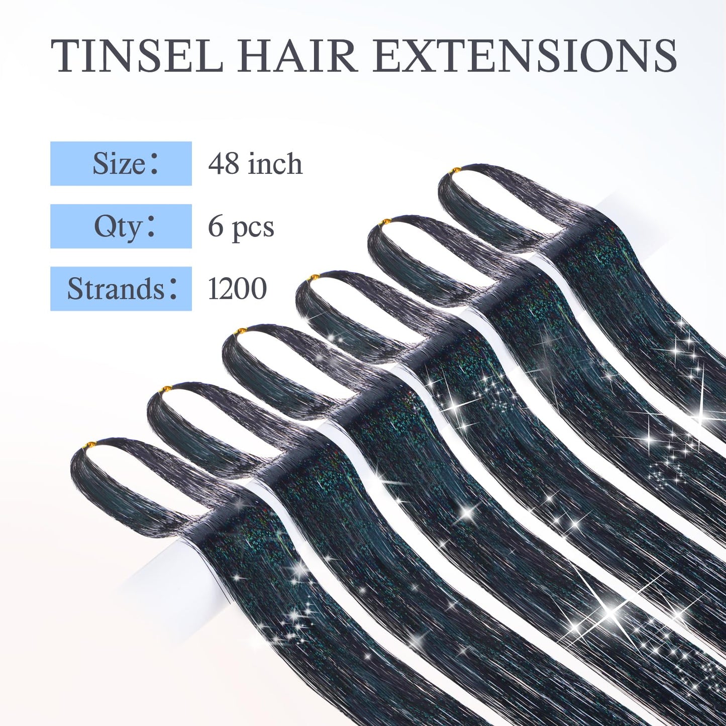 DOORES Black Tinsel Hair Extensions, 6 Pcs 48 Inch 1200 Strands Stylable Tinsel Wigs For Women Girls Christmas New Year Halloween Cosplay Party Fairy Hair Tinsel Hair Glitter For Kids