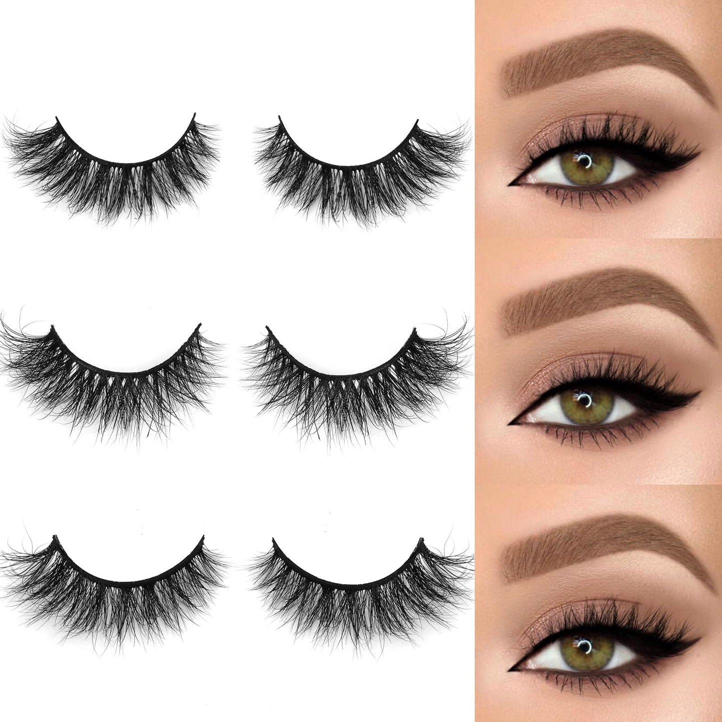 SY LASHES 15mm 3D Real Mink Lashes Natural Look Cat Eye False Eyelashes Wispy Short Fake Eye Lashes Fluffy Luxury Volume 5D Strip Eyelashes (Lucky, 3 Pairs)