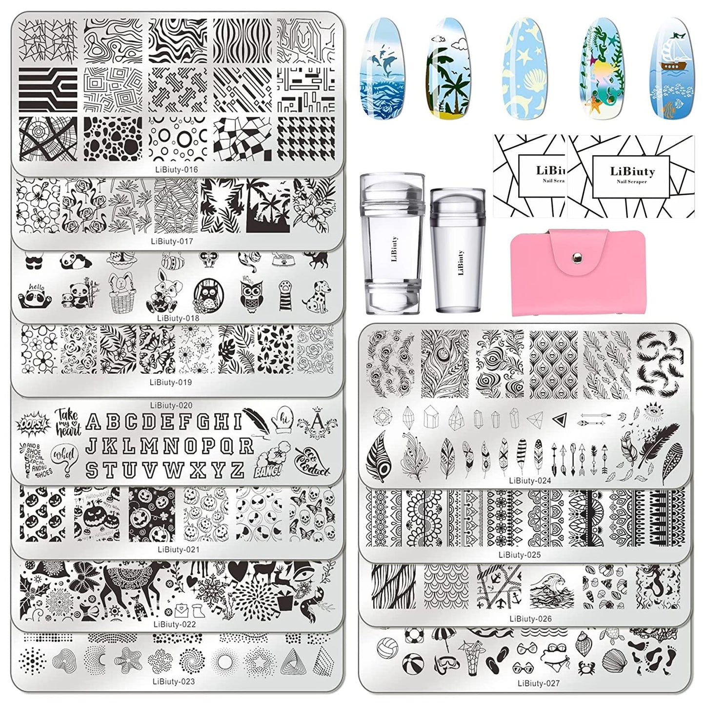 LiBiuty Nail Art Stamper Kit 12Pcs Stamping Template Nail Plates with 2 Nail Stamper 2 Scraper 1 Stamp Template Storage Bag Organizer