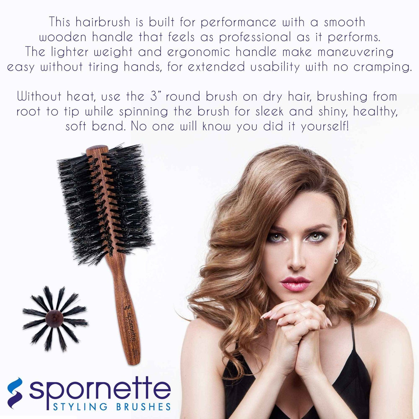 Spornette Italian Rounder Boar Bristle Round Hair Brush for Women & Men - Large Round Brush for Blow Drying, Styling & Volumizing - Wooden Brush for Medium to Long Thick, Fine, Curly or Straight Hair