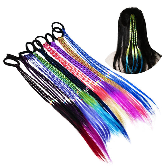 10 PCS Colored Braids Girl Hair Extension Accessories with Rubber Bands Rainbow Braided Synthetic Hairpieces Ponytail Women Kids Girls Party Highlights Cosplay Dress Up Dress Hair Accessories