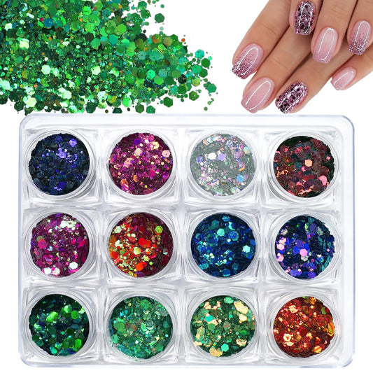 LuckForever Holographic Chunky Glitter 12 Colors Chameleon Glitter Set Chunky Glitter for Crafts Makeup Glitter Nail Glitter Flakes for Nail Body Eye Face, Resin Glitter Flakes Sequins