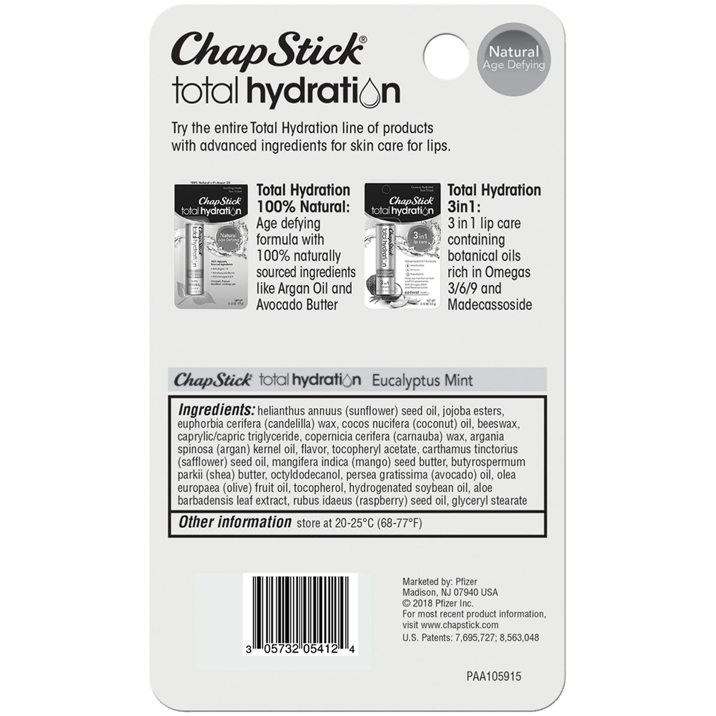 Chapstick Total Hydration (Eucalyptus Mint Flavor, 0.12 Ounce) Flavored Lip Balm Tube, Natural Age Defying Lip Care, Clinically Proven, Non-tinted, Eucalyptus Mint, 1 Count