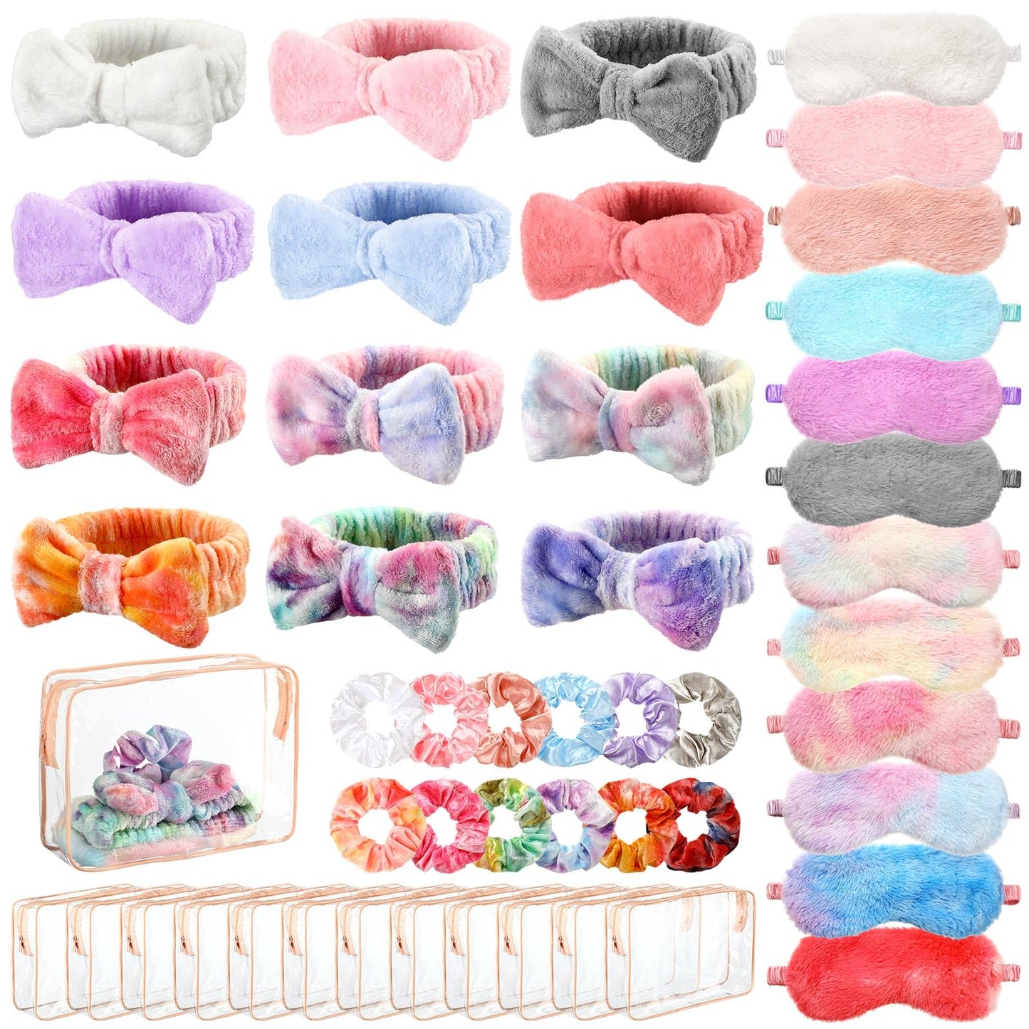 Kajaia 48 Pcs Sleepover Party Supplies for Women Spa Party Favor Headband Eye Mask Hair Scrunchies Toiletry Bag (Fresh Pattern)