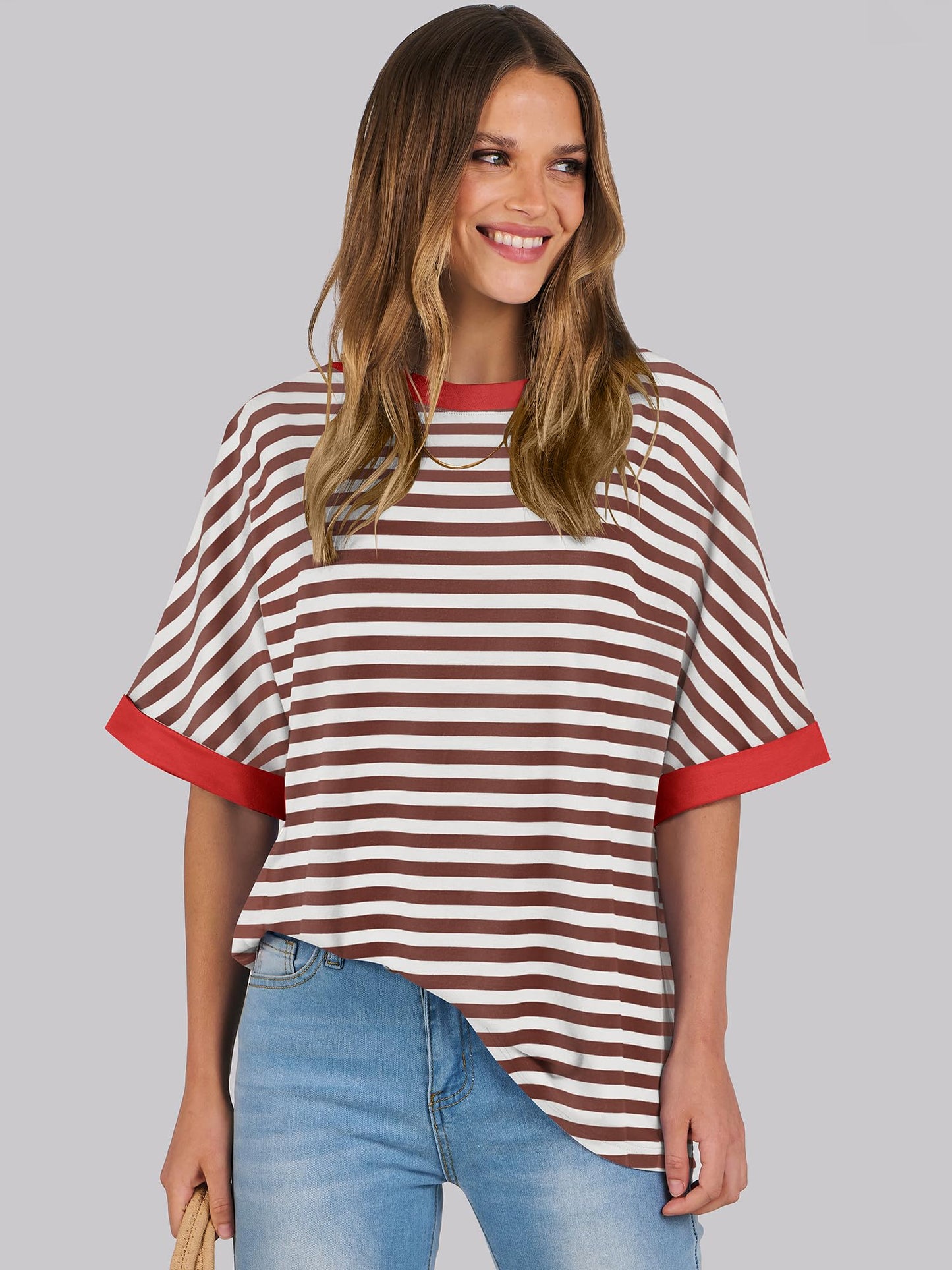 ANRABESS Women's Oversized T Shirts Striped Short Sleeve Crewneck Summer Tops Casual Loose Basic Tee Shirts 2024 Trendy Clothes Brown-White Small