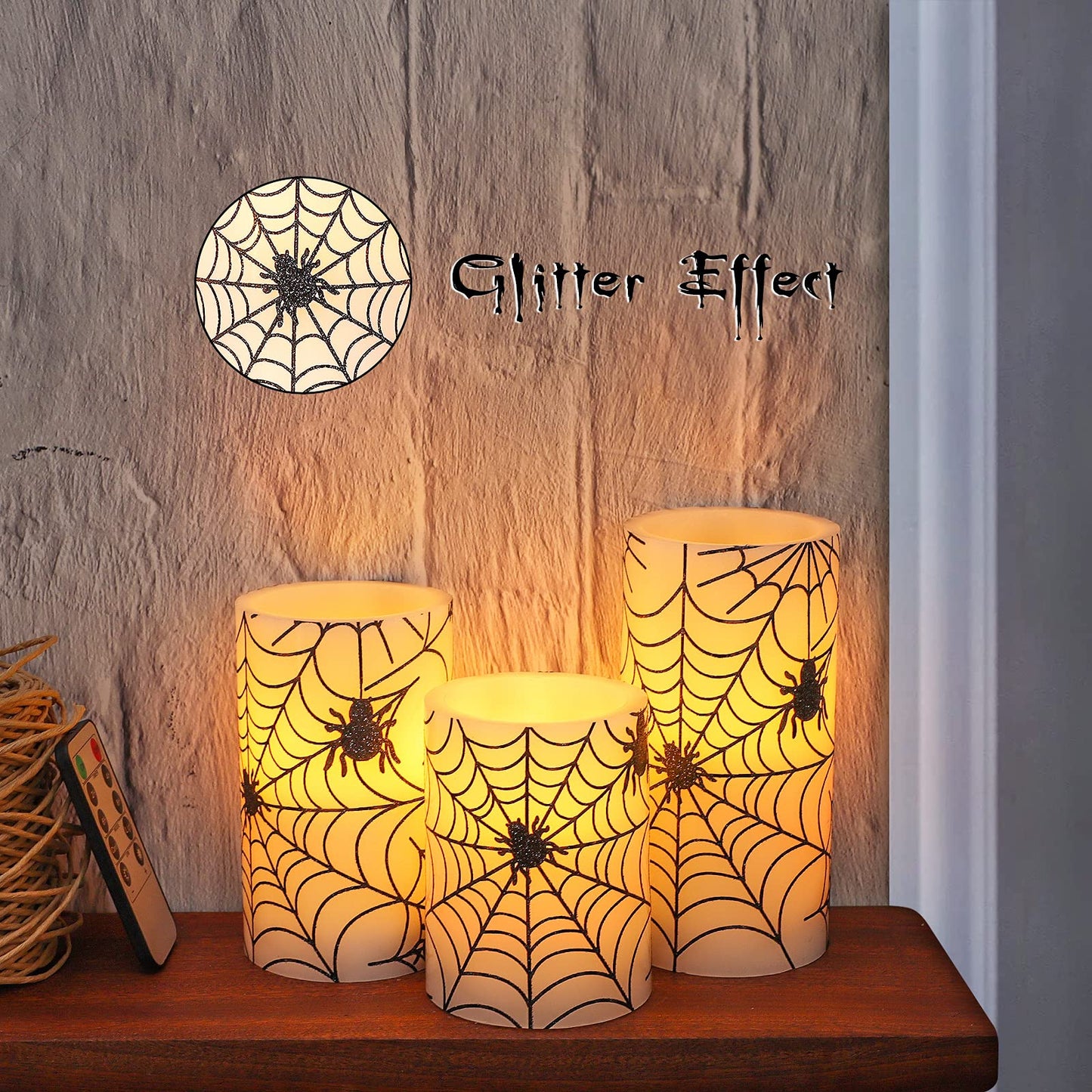 REVELBUNNY Halloween Flameless Candles, Spider Web Decal LED Flickering Candles with Remote Timer, Battery Operated Real Wax Pillar Candle for Halloween Home Party Spooky Decoration, Set of 3