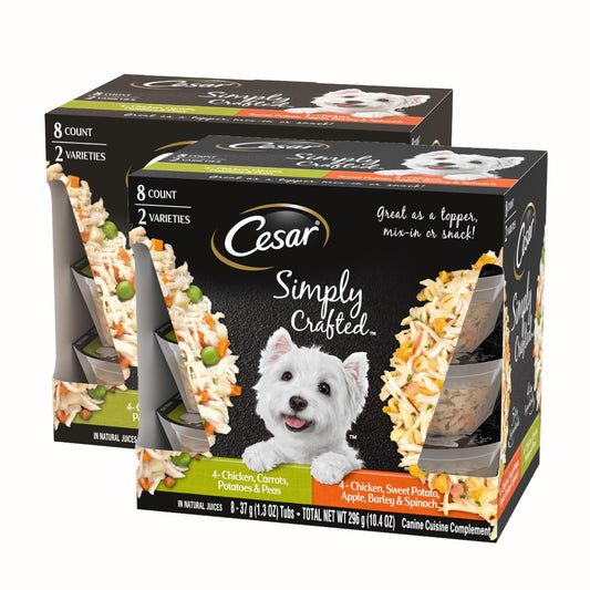 CESAR Simply Crafted Adult Wet Dog Food Meal Topper, Chicken, Carrots, Potatoes & Peas and Chicken, Sweet Potato, Apple, Barley & Spinach Variety Pack, 8 Count, Pack of 2