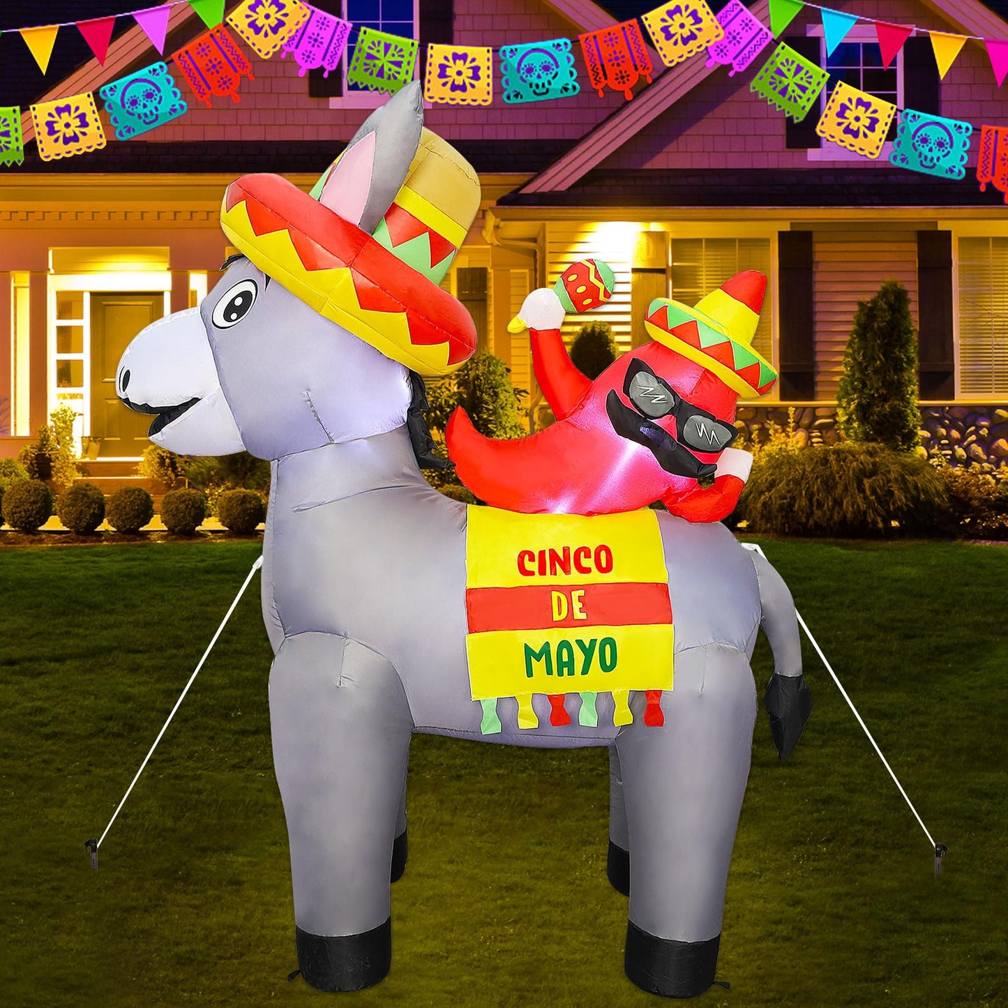 Joliyoou 5FT H Cinco de Mayo Inflatable Yard Decoration, Lighted Blow Up Donkey Carrying Mr. Chilli, Light Up Air Blown for Mexican Fiesta Fifth of May Home Garden Lawn Patio Festival Decor