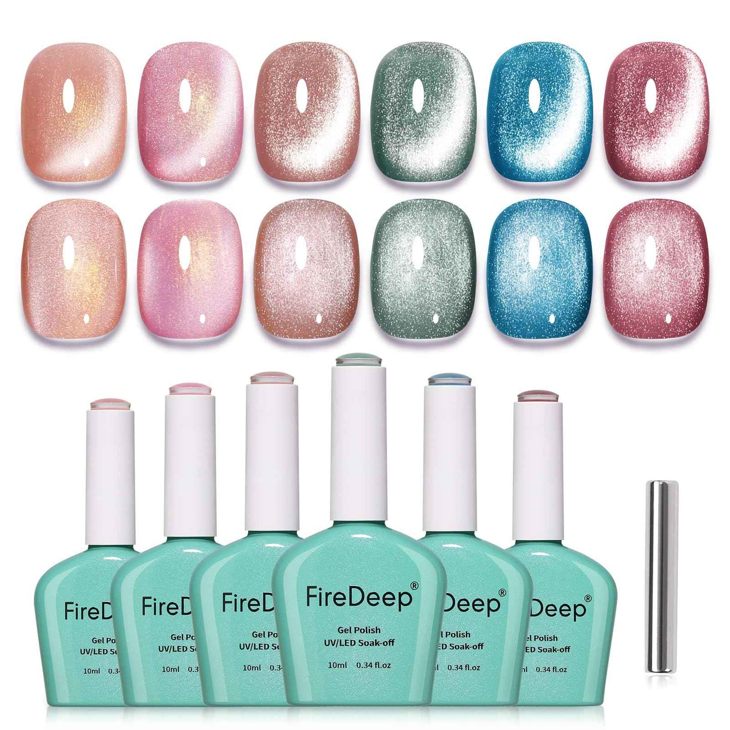 Firedeep 10ml Hema-Free Cat Eye Gel Nail Polish Set with Magnet 6 Colors Pink Green and Blue Magnetic Nail Polish DIY at Home Salon Art Gift for Women
