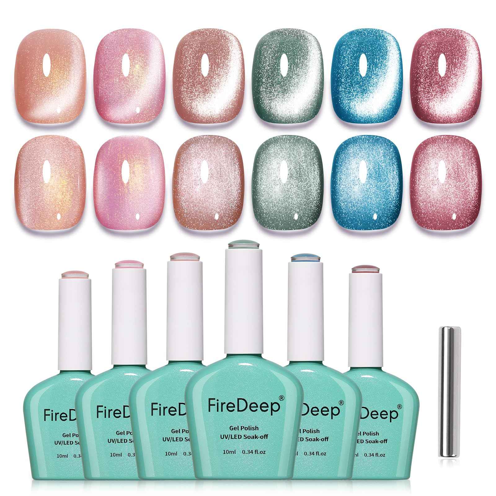 Firedeep 10ml Hema-Free Cat Eye Gel Nail Polish Set with Magnet 6 Colors Pink Green and Blue Magnetic Nail Polish DIY at Home Salon Art Gift for Women
