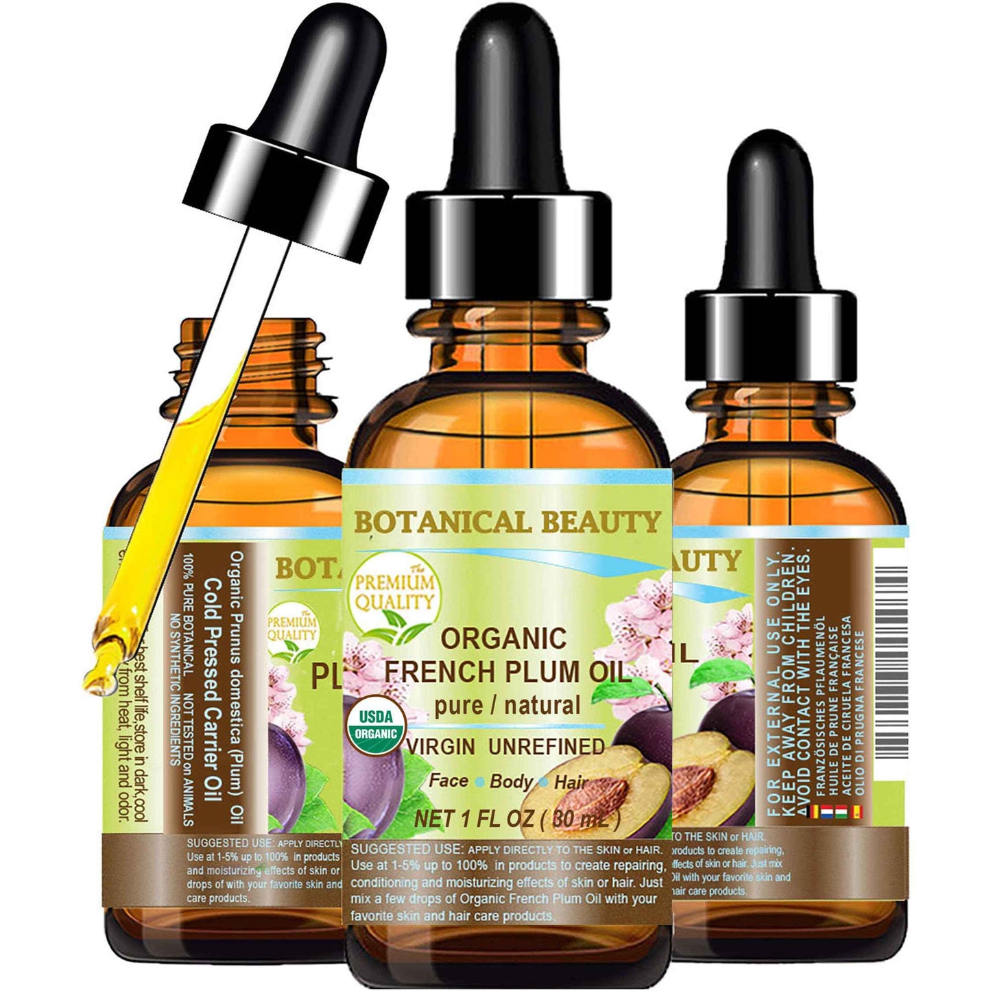 Botanical Beauty Organic French PLUM OIL 100% Pure Natural VIRGIN UNREFINED Cold-Pressed Carrier Oil for Face, Skin, Body, Hair, Lip, Nails. Rich in Vitamin E, Omega 6, Omega 9 (1 Fl Oz)